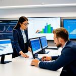 A team of diverse professionals in a modern, bright tech office, collaboratively analyzing complex data visualizations on large screens. They are engaged in thoughtful discussion, with a focus on problem-solving and innovation. Subjects are fully clothed in professional business attire, appropriate attire, modest clothing. The environment features contemporary design and soft ambient lighting, emphasizing a clean and organized workspace. safe for work, appropriate content, fully clothed, professional, perfect anatomy, correct proportions, natural pose, well-formed hands, proper finger count, natural body proportions, high-quality professional photography, detailed, realistic.