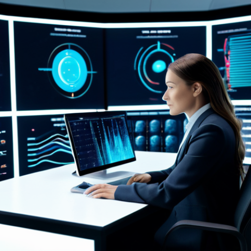 Home 6 A professional female data analyst, embodying expertise in consumer psychology and AI-driven insights. She is wearing a modest, professional business suit. She is seated at a sleek, minimalist desk within a futuristic data visualization lab. Holographic screens display abstract, flowing patterns of data, subtly incorporating elements that suggest psychographic insights and emotional intelligence without being literal. The environment is illuminated by soft, ambient lighting.