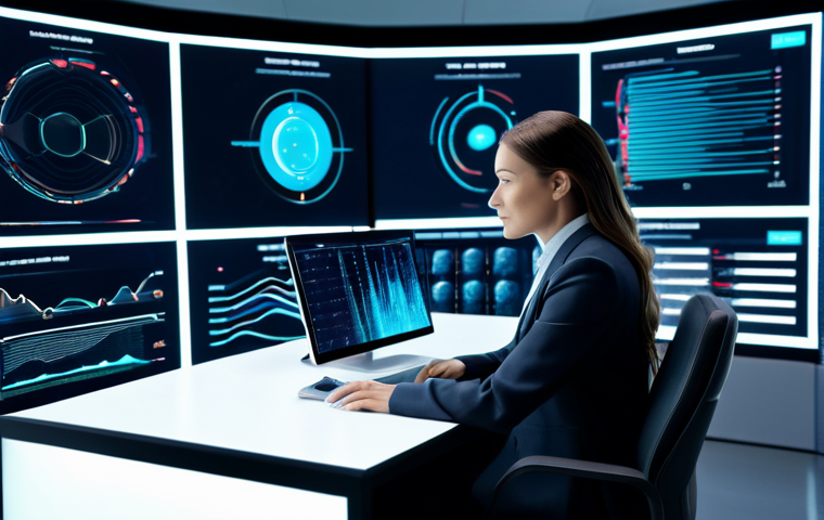 A professional female data analyst, embodying expertise in consumer psychology and AI-driven insights. She is wearing a modest, professional business suit. She is seated at a sleek, minimalist desk within a futuristic data visualization lab. Holographic screens display abstract, flowing patterns of data, subtly incorporating elements that suggest psychographic insights and emotional intelligence without being literal. The environment is illuminated by soft, ambient lighting.