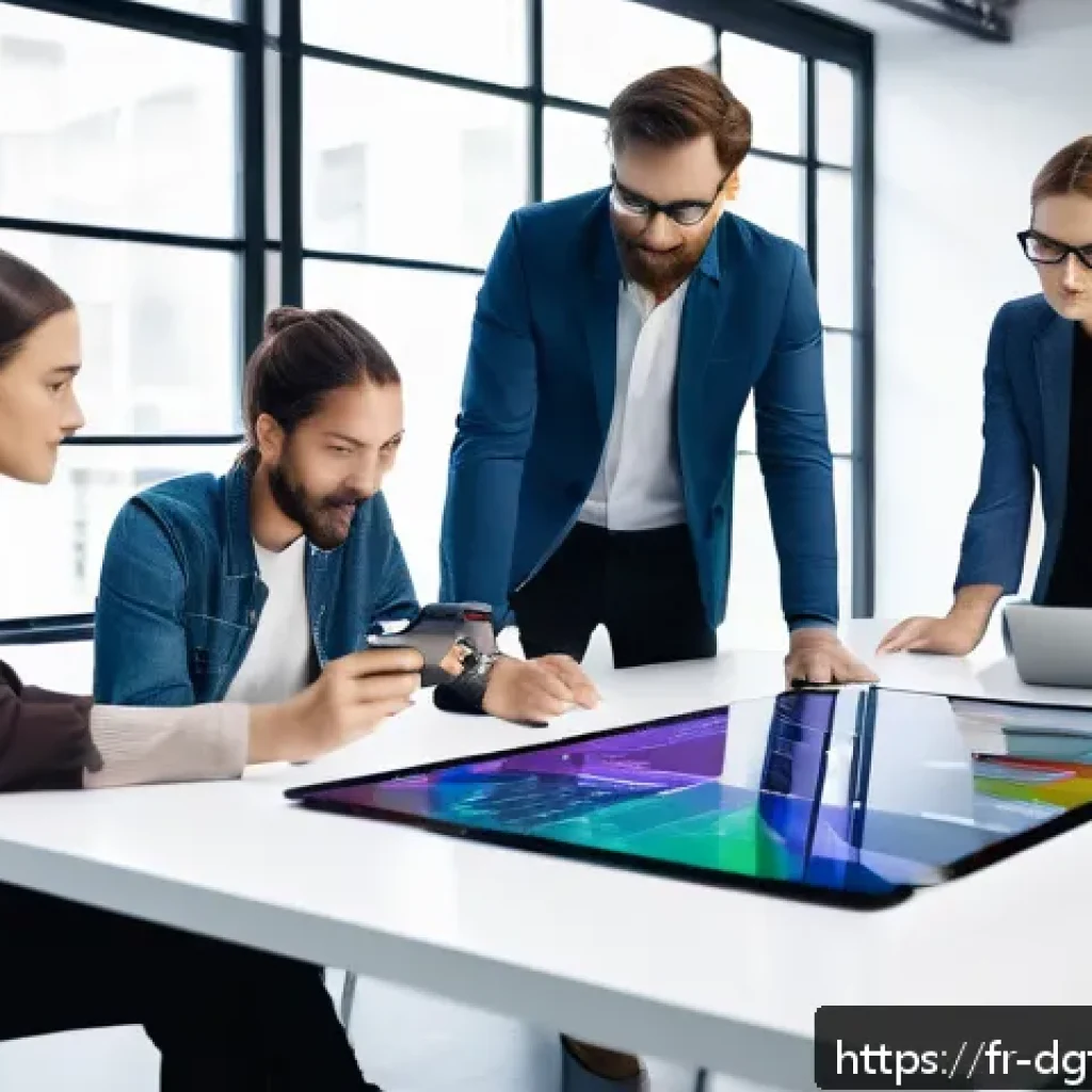 디지털 광고 캠페인에서의 반응형 디자인 활용 - A modern workspace scene showing a diverse team of designers and marketers collaborating around a la...
