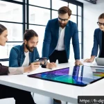 Home 20 디지털 광고 캠페인에서의 반응형 디자인 활용 - A modern workspace scene showing a diverse team of designers and marketers collaborating around a la...