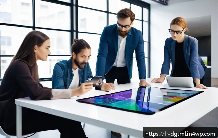디지털 광고 캠페인에서의 반응형 디자인 활용 - A modern workspace scene showing a diverse team of designers and marketers collaborating around a la...