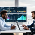 Home 19 디지털 광고 타겟팅의 재무적 효과 분석 - A modern digital marketing office scene showing a diverse team of professionals analyzing real-time ...