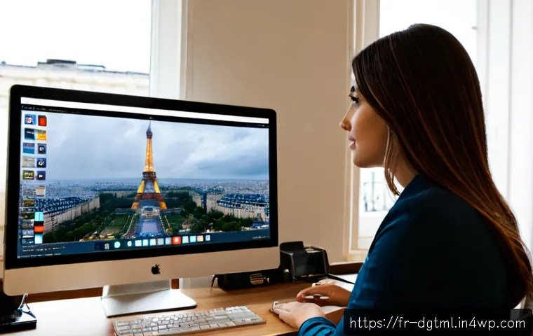 Home 17 디지털 광고 타겟팅에서의 리타게팅 기술 - Photorealistic modern Paris home office, a French marketing professional reviewing a clean analytics...
