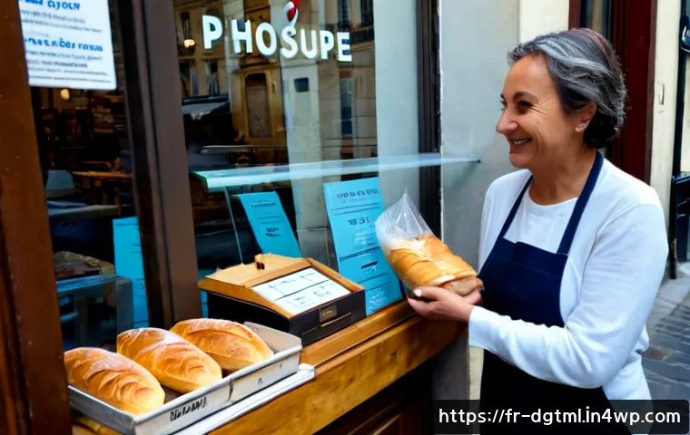 고객 충성도를 높이는 광고 전략 - Photorealistic French neighborhood bakery loyalty scene, a friendly middle-aged shop owner warmly gr...